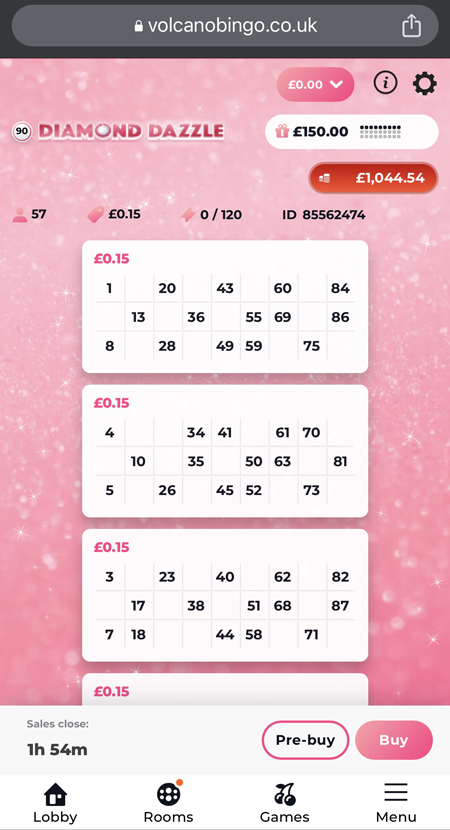 a screenshot of the bingo tickets at Volcano