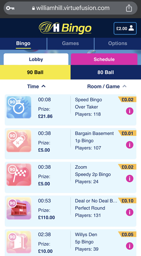 a screenshot of the William Hill Bingo mobile lobby
