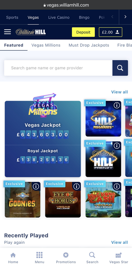 a screenshot of the featured games at William Hill Vegas