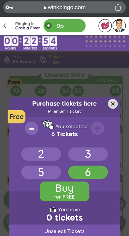 an image showing the free bingo tickets at Wink