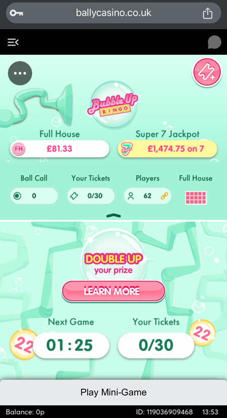a screenshot of the Bubble Up bingo room