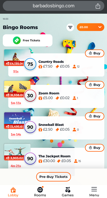screenshot of the casper games bingo lobby