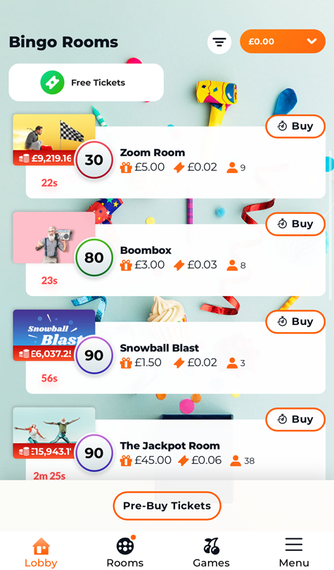 mobile bingo lobby screenshot