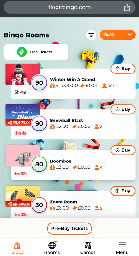 A screenshot of the bingo lobby at Flog It