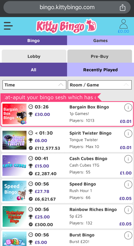 Screenshot of the Kitty Bing lobby on mobile