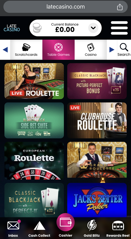 a screenshot of the table games at Late Casino