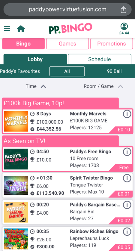mobile bingo lobby