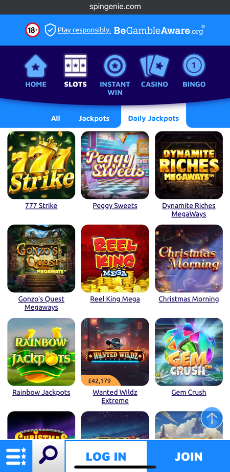 screenshot of the games lobby at Spin Genie