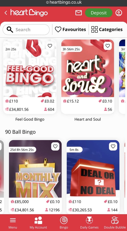 Screenshot of the heart bingo lobby on mobile