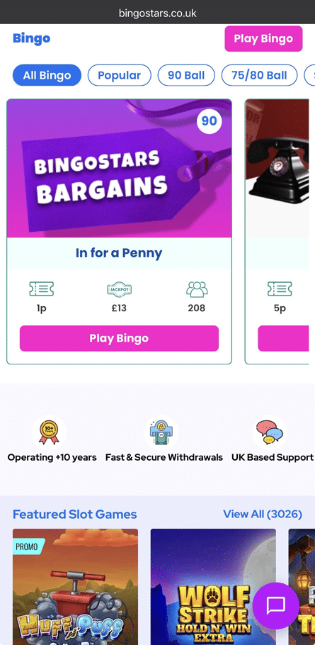 the bingostars main mobile lobby