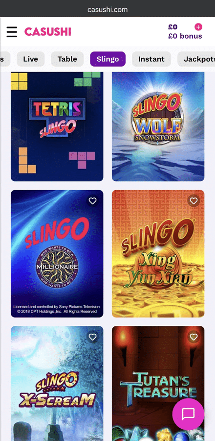 Casushi Slingo section on mobile