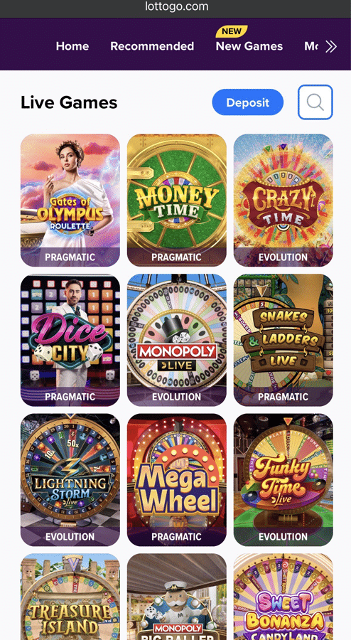 Screenshot of the Lottogo live casino lobby on mobile