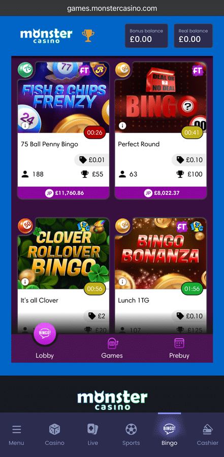 Screenshot of Monster Casino's Virtue Fusion bingo lobby