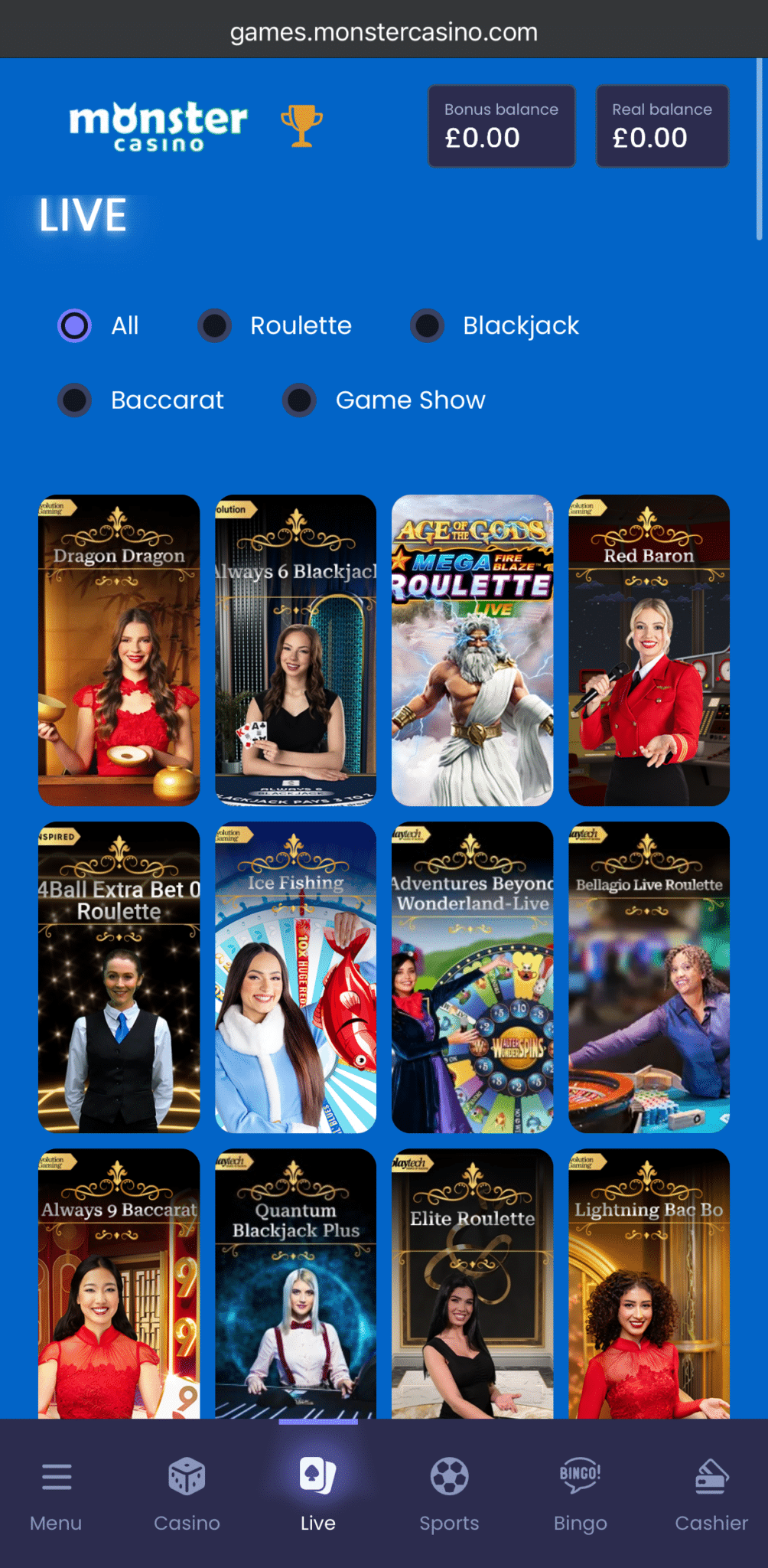 Monster Casino live games lobby