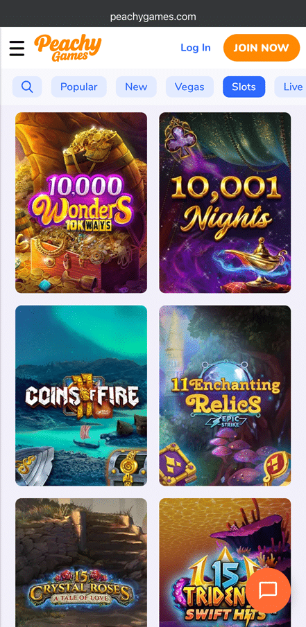 Peachy Games mobile slots lobby screenshot