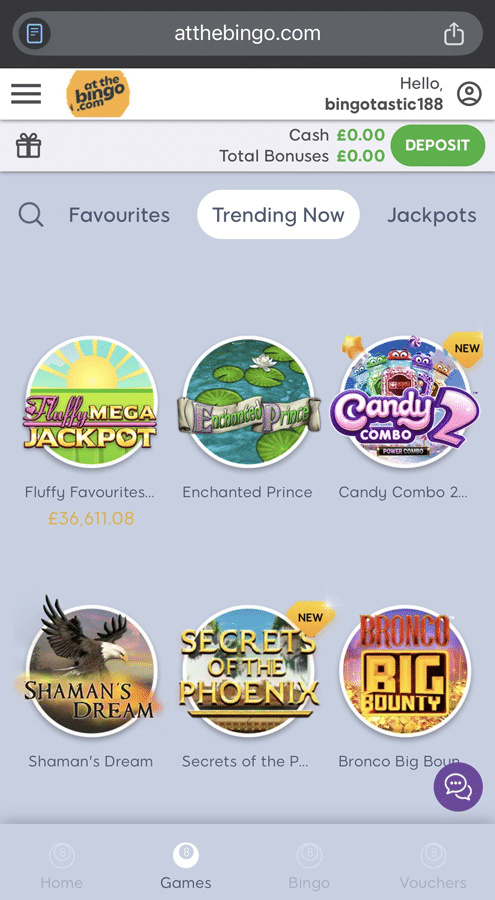 Screenshot of At The Bingo's Trending Now slots section