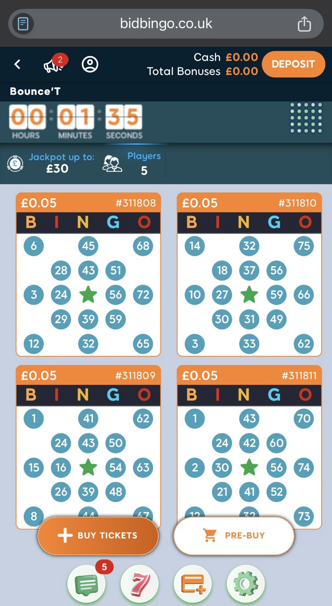 Four bingo tickets in the Bounce'T room at Bid Bingo, priced at 5p each with a pre-buy option available
