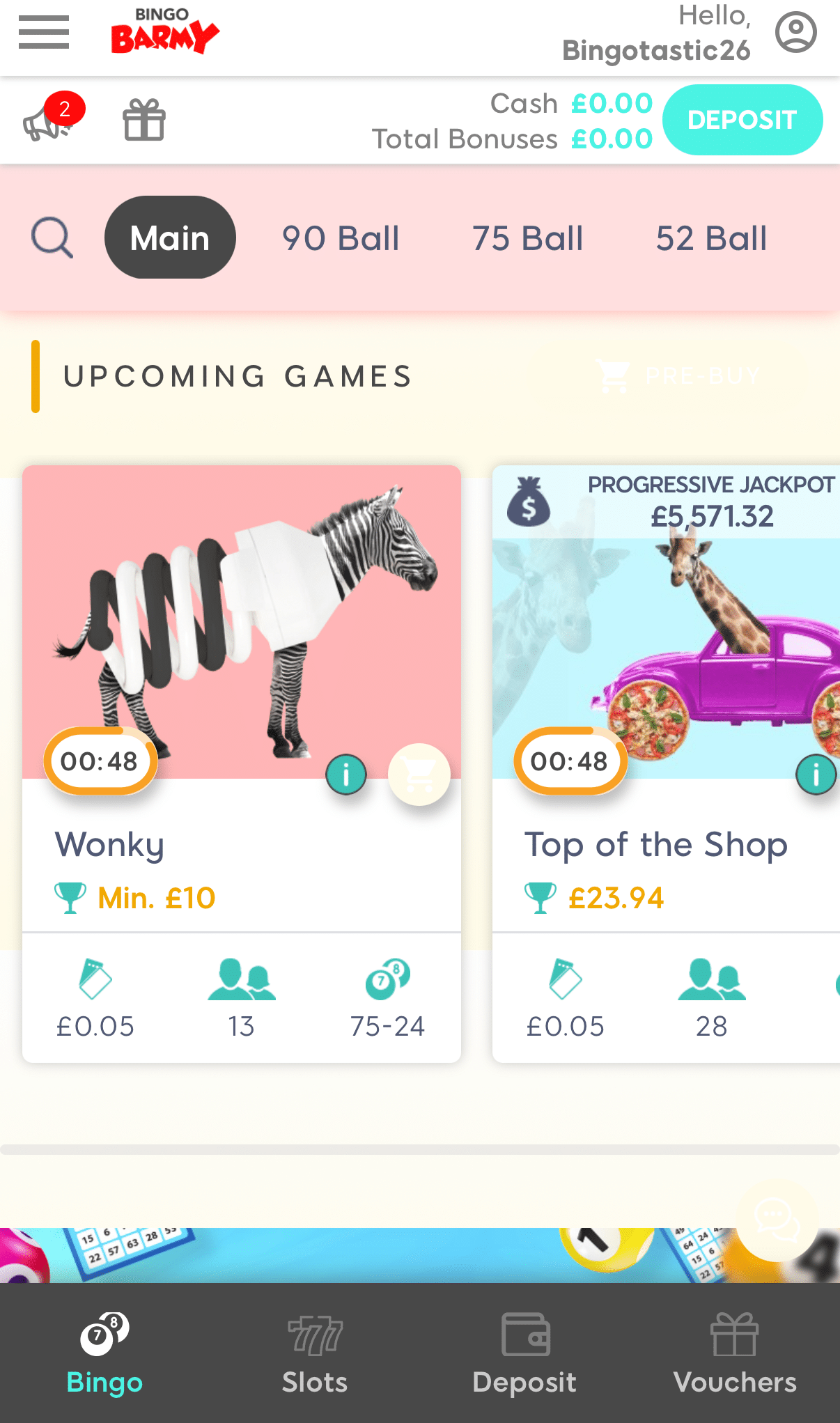 bingo lobby showing rooms including Wonky and Top of the Shop
