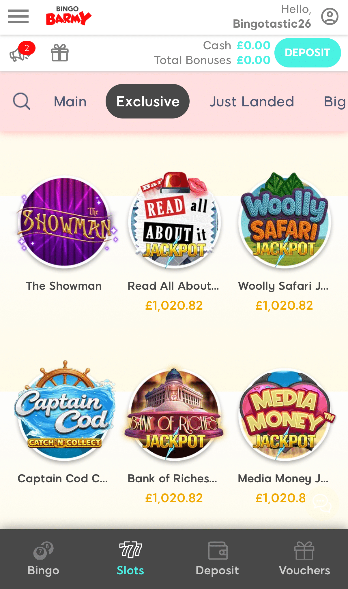 Bingo Barmy mobile slots lobby