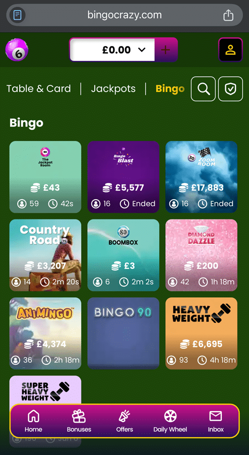 Screenshot of Bingo Crazy's bingo lobby displaying nine themed rooms