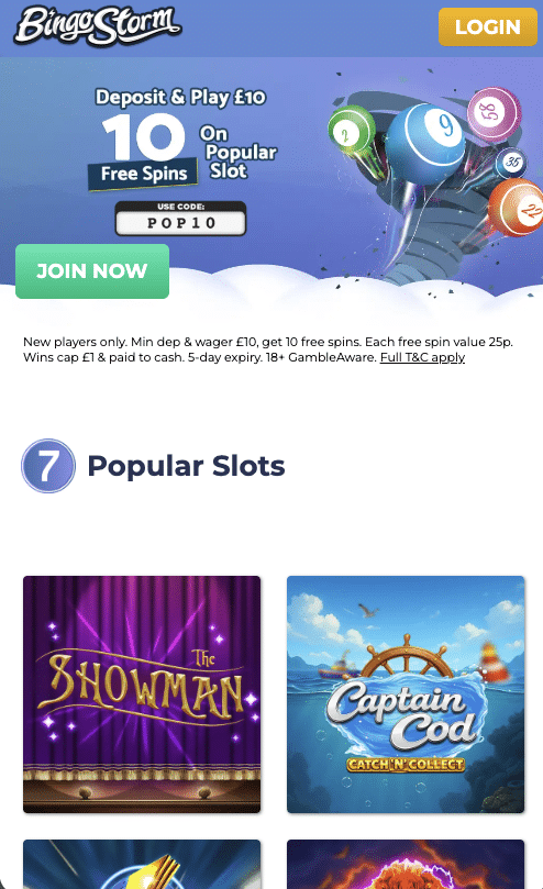 Bingo Storm homepage screenshot on mobile