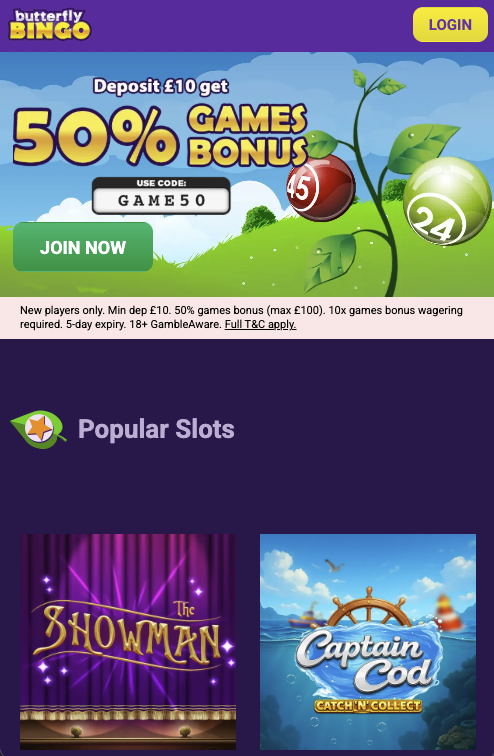 Butterfly Bingo homepage and welcome bonus