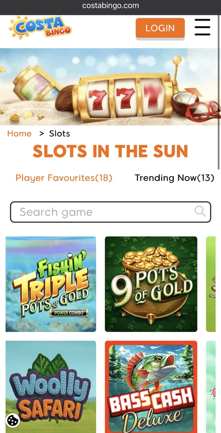Costa Bingo Slots in the Sun page