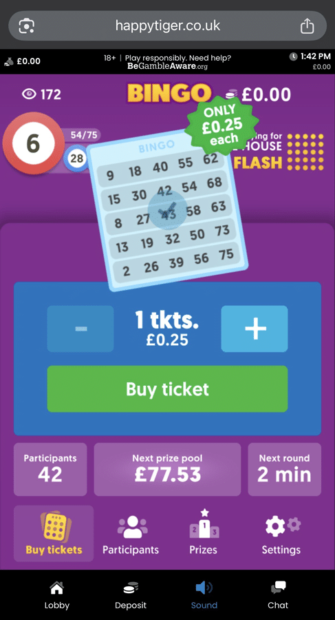 Happy Tiger Bingo ticket purchase screen