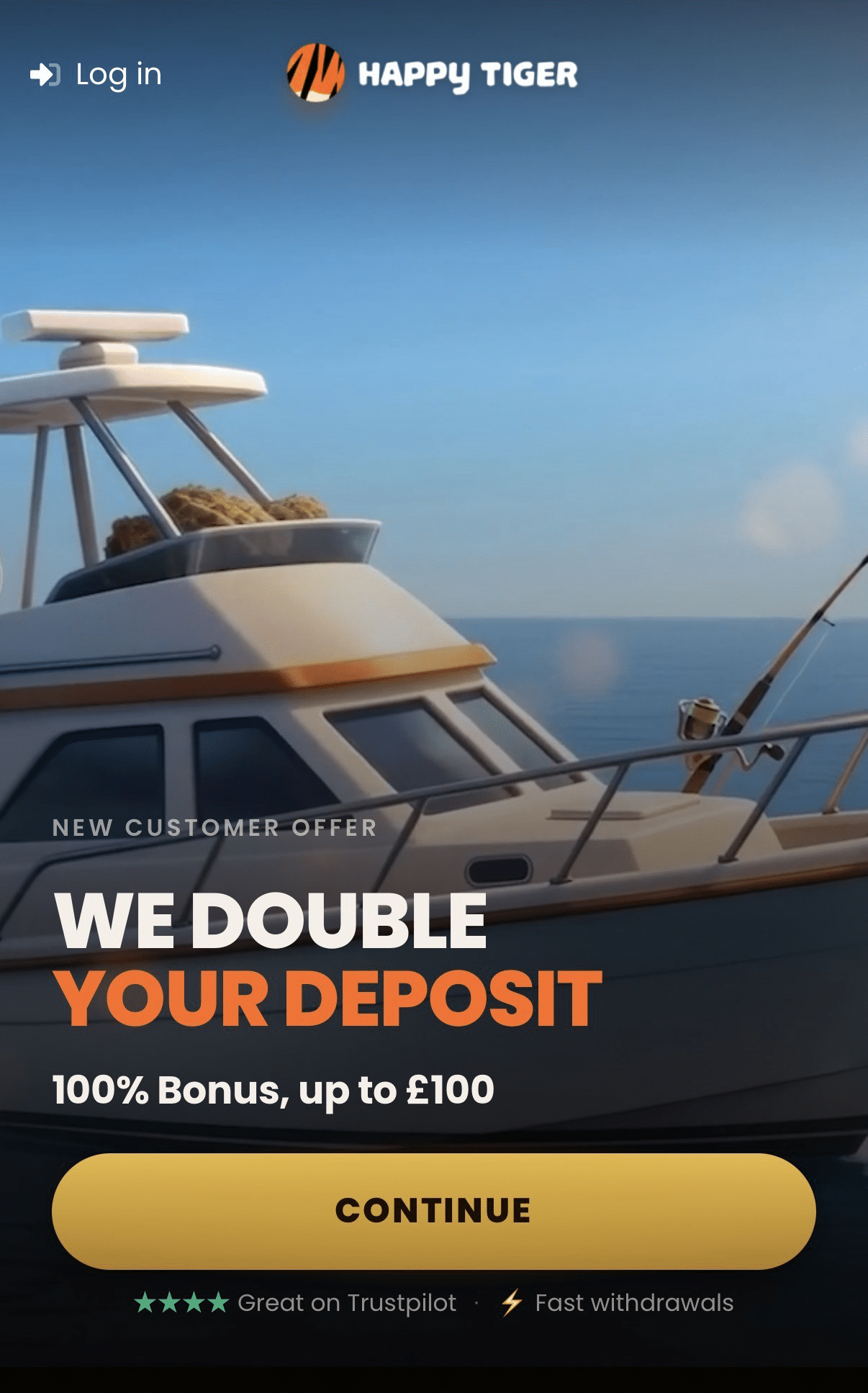 Happy Tiger welcome page with a cartoon fishing boat scene