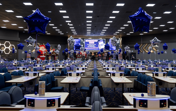 Inside the bingo hall at Club 3000 Kilmarnock, decorated with balloons
