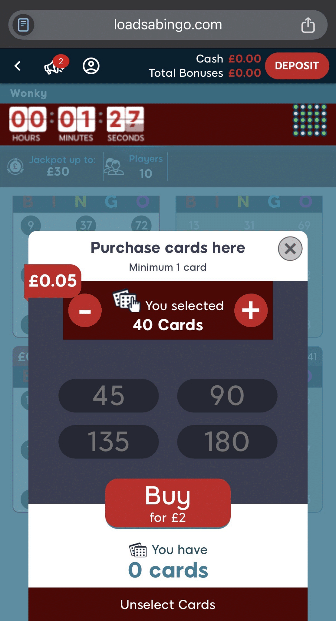 Ticket purchase screen in the Wonky bingo room at Loadsa Bingo showing cards at 5p