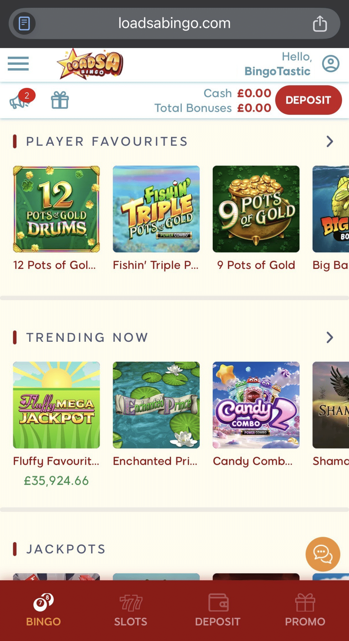 mobile lobby displaying player favourites, trending slots and jackpot games sections