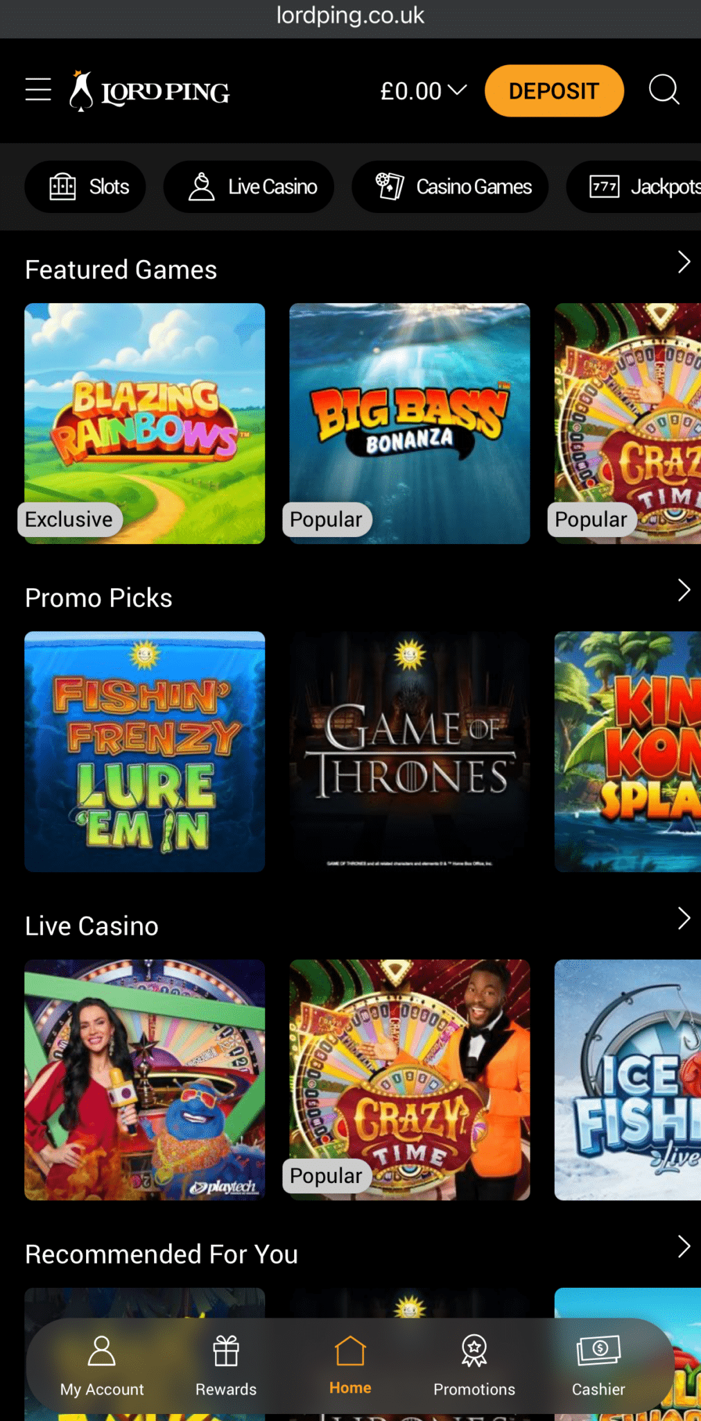 Lord Ping mobile lobby showcasing featured games, promo picks and live casino