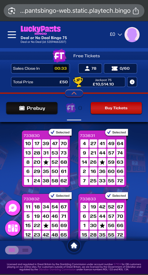 Deal or No Deal Bingo 75 game