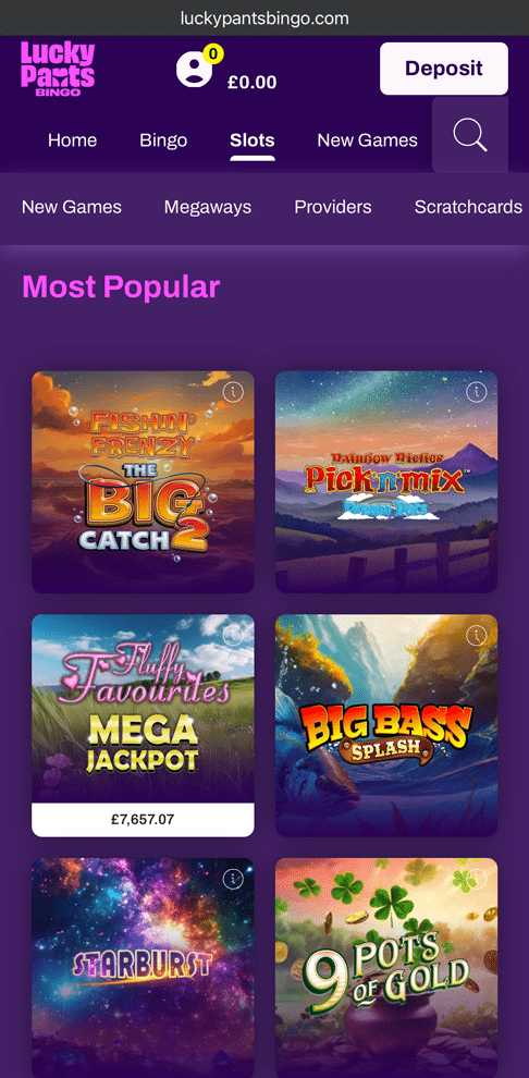 mobile slots lobby showing most popular games