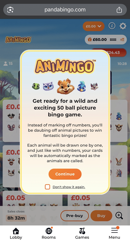 Panda Bingo Animingo room welcome popup