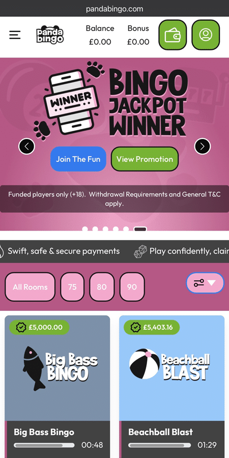 Panda Bingo mobile homepage displaying a promotional banner and live bingo rooms