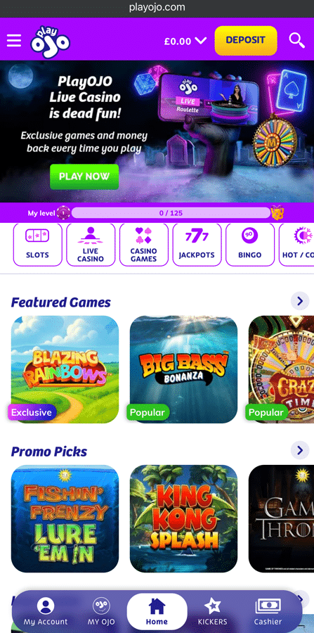 Screenshot of PlayOJO's main mobile lobby with featured and promotional game tiles