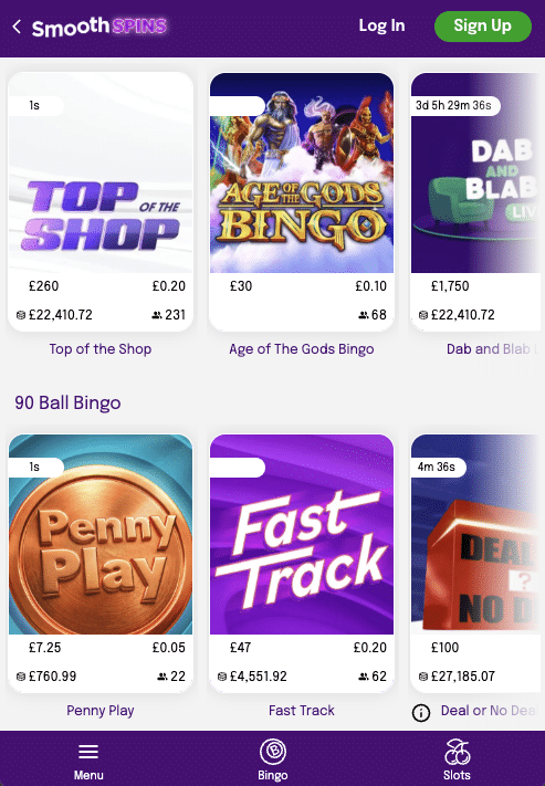 Smooth Spins bingo lobby