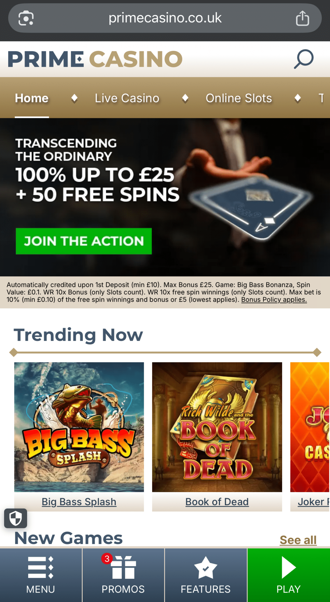 Prime Casino welcome offer set against a navy and gold design