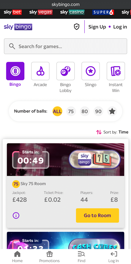 Sky Bingo mobile lobby showing the bingo game filter