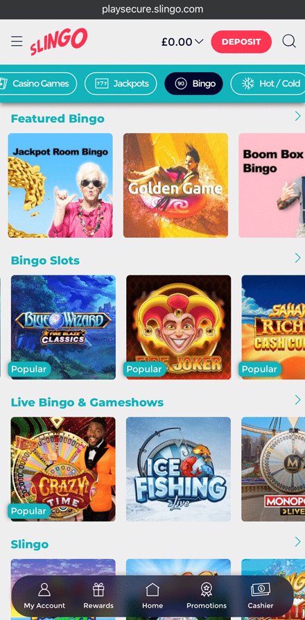 Slingo mobile bingo lobby