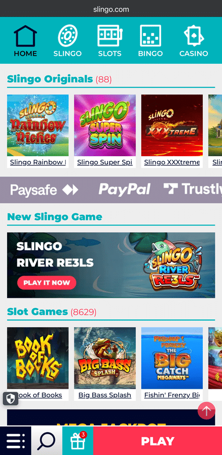 Slingo.com homepage showing 88 Slingo Originals