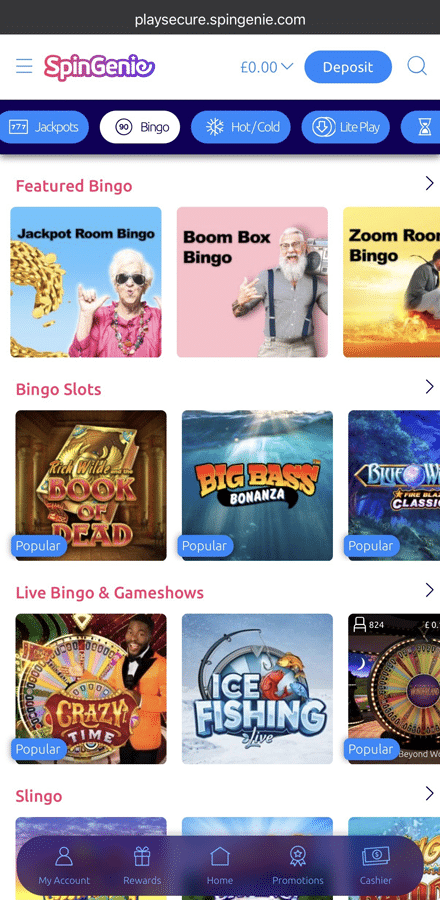 Spin Genie bingo lobby on mobile