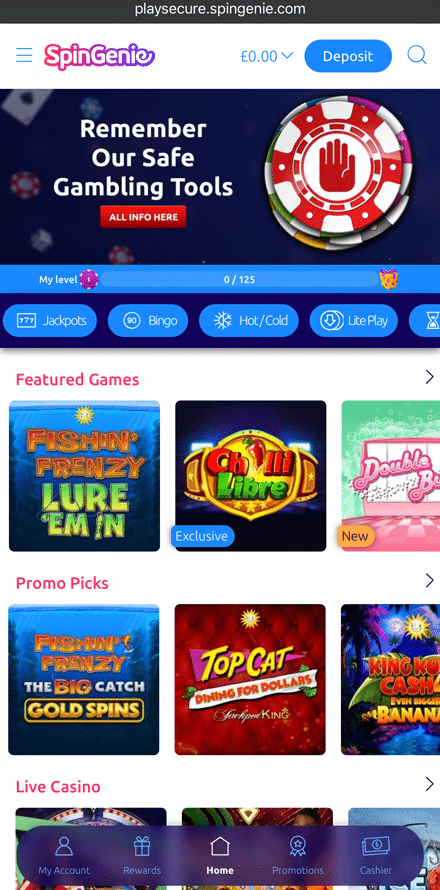 Spin Genie mobile lobby displaying featured games, promo picks and a Live Casino section