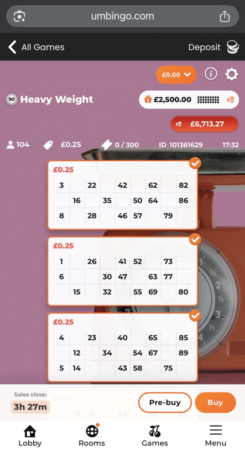 Screenshot of Umbingo's Heavy Weight bingo room