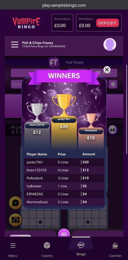 Vampire Bingo winners screen for a Fish and Chips Frenzy bingo game