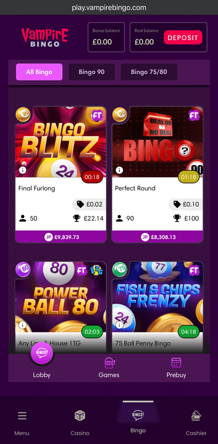 Vampire Bingo mobile lobby