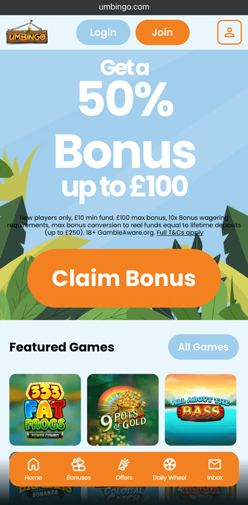 Umbingo homepage showing a 50% deposit match bonus