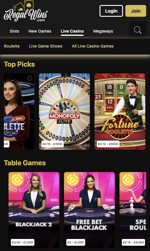 Regal Wins live casino lobby